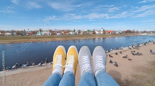Fototapeta Yellow and Gray Sneakers by River with City View