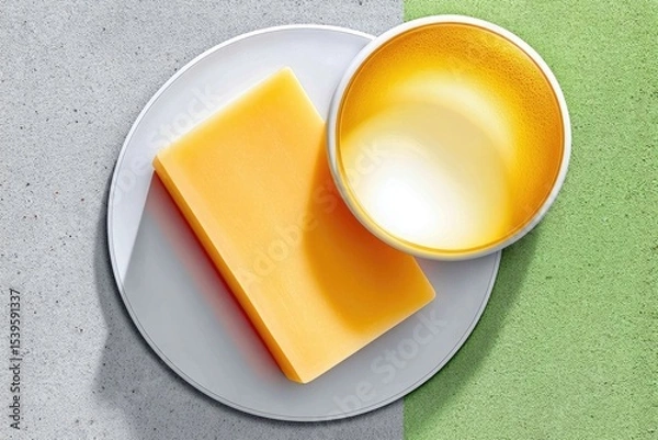 Fototapeta Yellow and Orange Soap and Cleanser on Concrete and Green Background