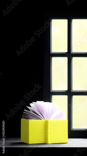Fototapeta Yellow Book Shaped Object with Purple Accents in Dark Room near Window