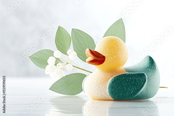 Fototapeta Yellow and Teal Sugar Coated Rubber Duck with Eucalyptus and White Flowers