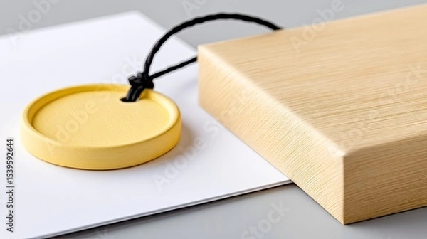 Fototapeta Yellow Round Tag Mockup on Kraft Paper with Wooden Square