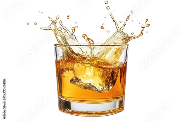 Obraz Golden whisky rum splash captures the dynamic moment of liquid artistry in a glass, showcasing the refreshing movement of spirits isolated on a transparent background