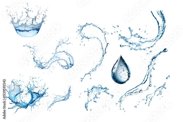 Obraz water splash isolated on white background,Water splashes and drops isolated on transparent background. Abstract background with blue water wave,png