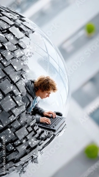 Fototapeta Young Man Typing on Glowing Mechanical Keyboard Inside a Grey Sphere