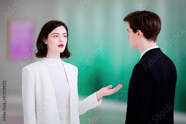 Fototapeta Young Woman and Man in Formal Attire Engaging in Serious Conversation Against Teal Background