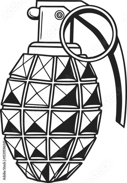 Fototapeta Detailed Hand Grenade Illustration Depicting a Segmented Explosive Device with a Safety Mechanism and Distinct Triangular Patterns