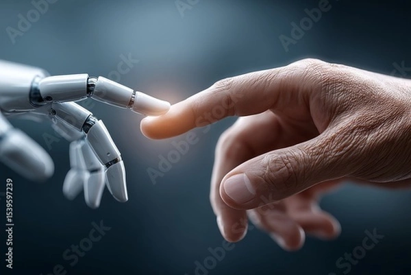 Fototapeta Cyborg hand extends towards human finger, bridging the gap between technology and humanity with digital energy flowing in dark blue backdrop
