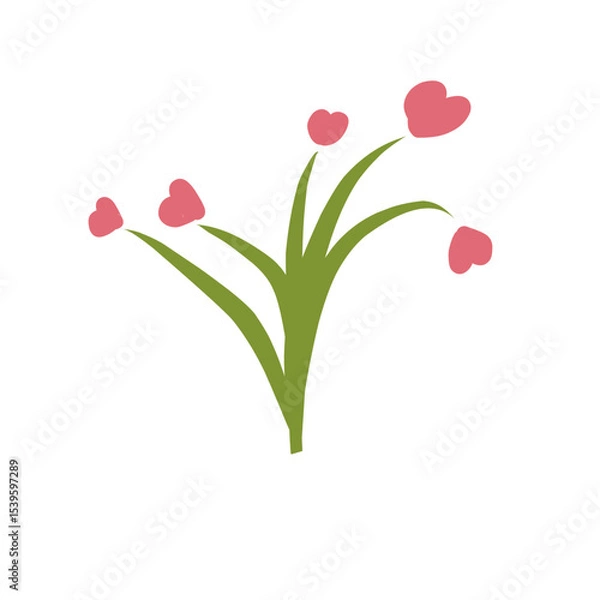 Fototapeta Cute flat vector illustration of a flower with pink heart-shaped petals and green stems. Perfect for romantic designs, love-themed graphics, greeting cards, and playful botanical concepts