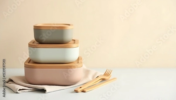 Fototapeta Stack of reusable food storage containers with wooden lids for kitchen