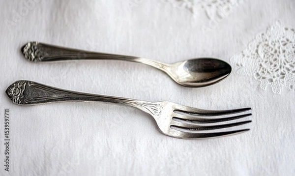 Fototapeta Elegant minimalism with a fork and spoon arranged beautifully on a white tablecloth adds a sophisticated touch to dining