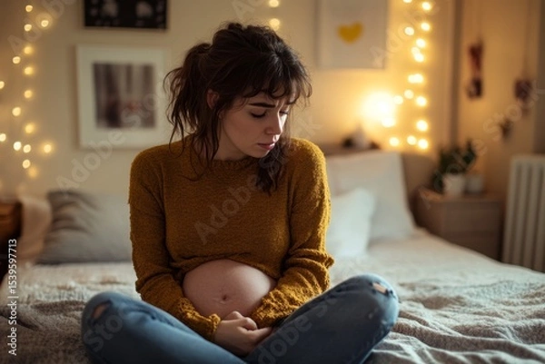 Fototapeta Close-up portrait of a woman in casual wear experiencing stomach pain while seated on her bed in a cozy, softly lit room