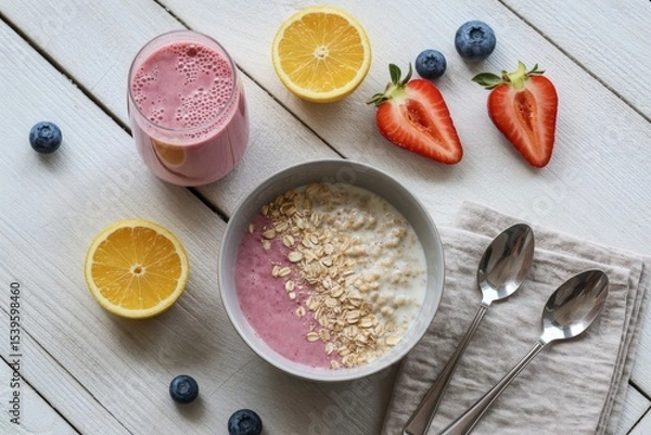 Fototapeta Bright morning breakfast with yogurt, fruit, and smoothie on a rustic wooden table