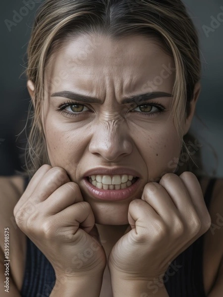 Fototapeta Intense emotions captured in a portrait of a woman expressing frustration during a moment of inner turmoil and struggle