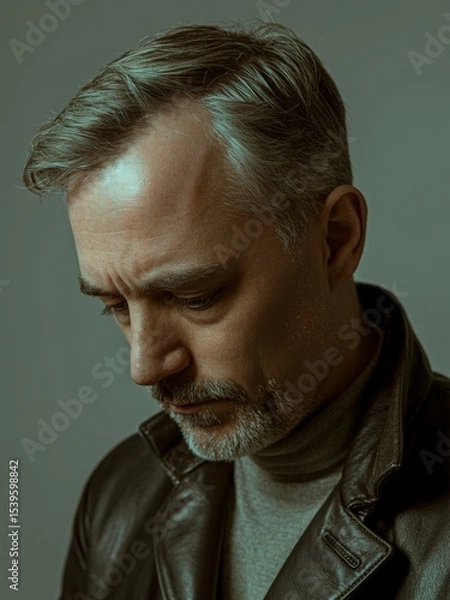Fototapeta Middle-aged man in a contemplative moment wearing a leather jacket against a gentle backdrop of muted colors