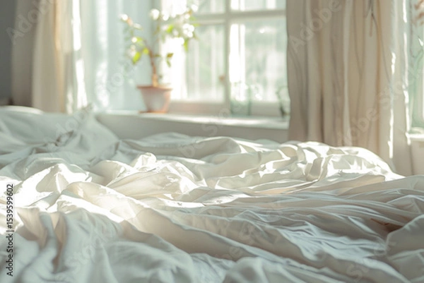Obraz Generative AI,깔끔한 흰색 침실 이불 침구류 이미지