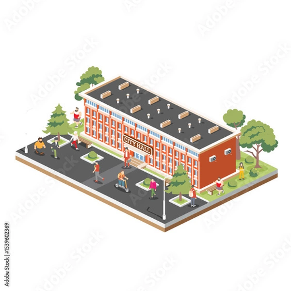 Fototapeta Isometric illustration of a city hall or town hall building with a red brick facade and flat roof. Building isolated on white background. Trees and benches. People walking around.
