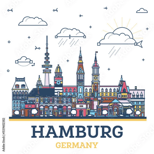 Fototapeta Outline Hamburg Germany city skyline with colored modern and historic buildings isolated on white. Hamburg cityscape with landmarks.