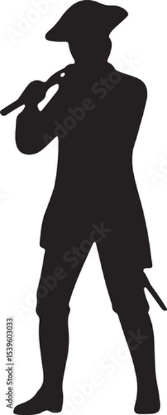 Fototapeta Black silhouette of a man in a tricorn hat and coat, standing with authority, great for revolutionary war or historical art projects