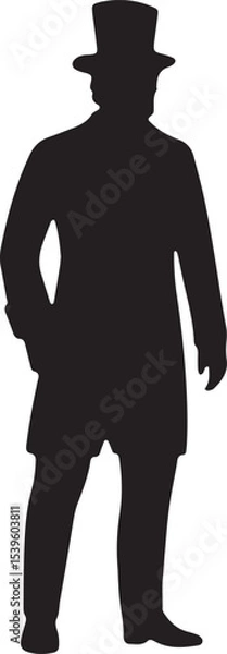 Fototapeta Black silhouette of a man in a hat, standing with hands on hips, ideal for colonial American or confident historical figure designs