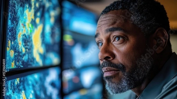 Fototapeta Man Monitors Weather Patterns in Command Center Representing Meteorology Climate Data and Weather Forecasting for Emergency Response Technology Integration and Environmental Studies
