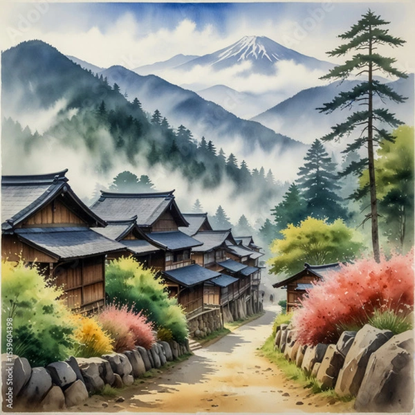 Fototapeta A tranquil watercolor of the Kiso Valley in Japan, featuring the historic Nakasendo trail lined with preserved Edo-period wooden buildings, forested mountains in the distance, and a gentle mist rising