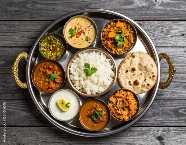 Obraz Authentic Indian Rajasthani thali plate featuring a vibrant assortment of traditional dishes. Served on a round stainless steel platter with colorful accompaniments on wooden table