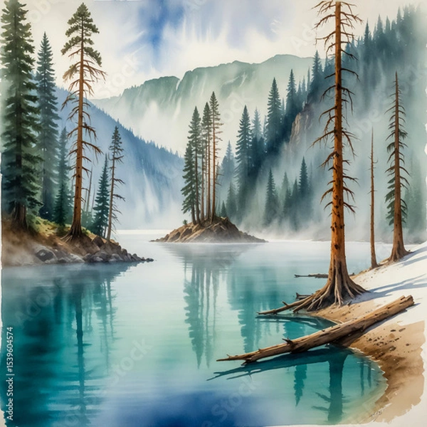 Fototapeta Watercolor depiction of Lake Kaindy in Kazakhstan, with its sunken forest — eerie tree trunks rising from the icy turquoise water, surrounded by steep pine-covered cliffs and early morning fog.