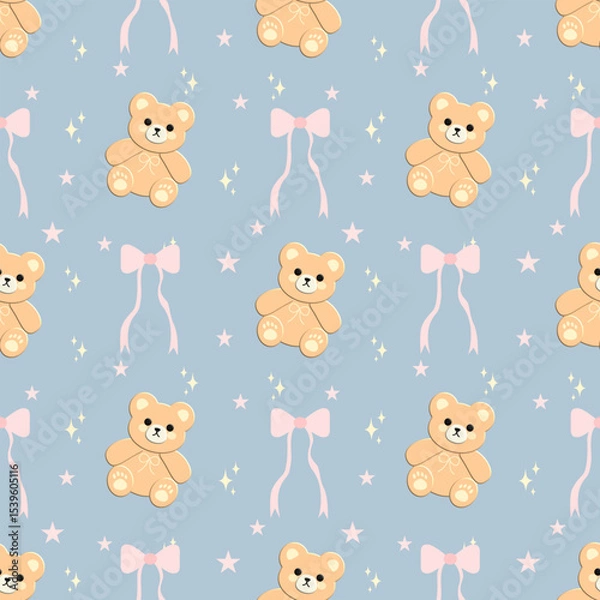 Obraz Bear, bow, star on blue background, fabric pattern, gift wrapping paper , seamless pattern 
