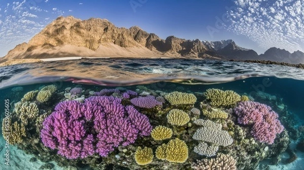 Obraz Coral Reef and Rocky Mountains Split View of Ocean and Land