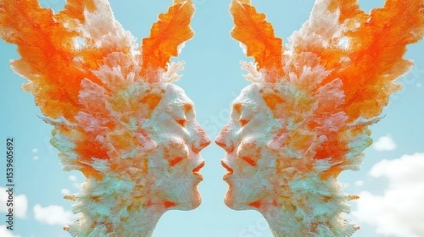 Obraz Mirrored Coral Figures Shaped Like Human Faces in Surreal Sky
