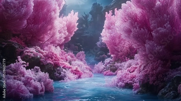 Obraz Dreamlike Pink Coral Forest with Tranquil Blue Stream in Fantasy Underwater Scene