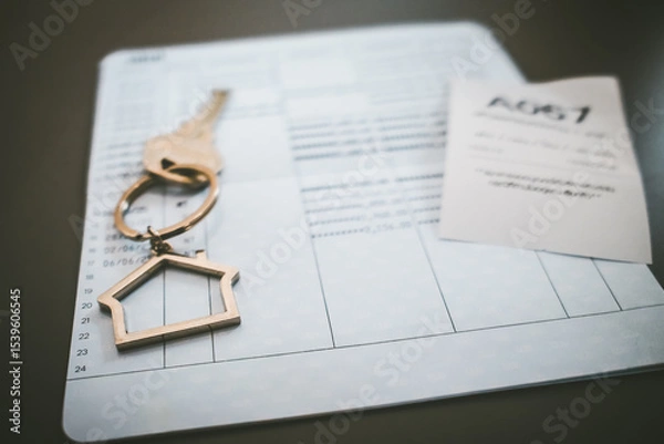 Fototapeta The key and house symbol is superimposed on the bank account book related to the home loan and home installment payment.