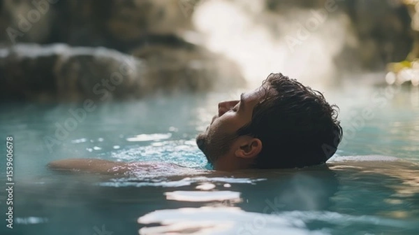 Fototapeta Serene Man Reclining in Thermal Water, Relaxing with Eyes Closed, Peaceful Moment