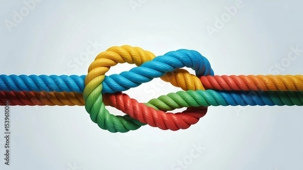 Fototapeta International Day of Friendship concept colorful ropes tied in knot unity, support