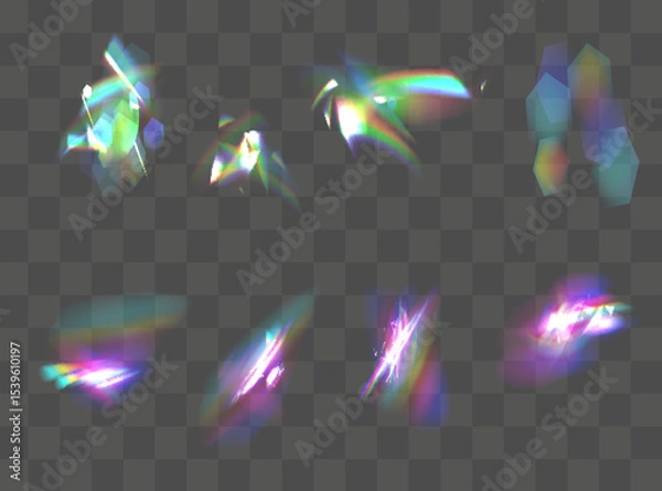 Fototapeta Iridescent crystal leak glare reflection effect. Optical rainbow lights, glare, leak, streak overlay. falling confetti.