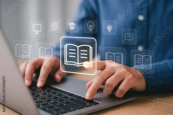 Fototapeta Digital Learning & E-Books, Person Typing on Laptop with Overlayed Icons for Online Education, Study, and Knowledge Acquisition