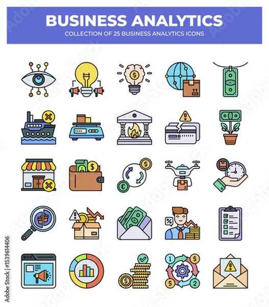 Fototapeta Collection of Business Analytics Icons: Data Analysis. Financial Reports. and Strategic Planning