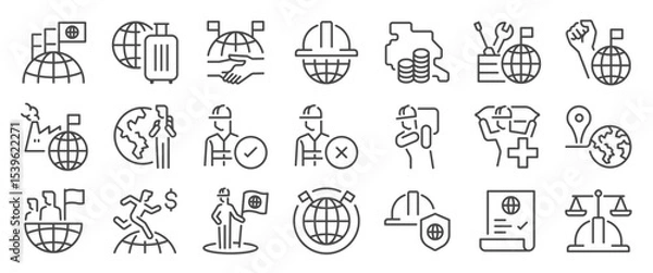 Fototapeta migrant worker icon set. It included foreign worker, labor, country, relocation, local, and more icons. Editable Vector Stroke.
