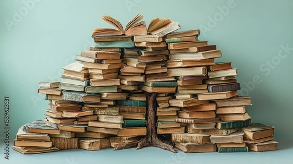 Fototapeta A creative stack of old books is arranged to resemble a tree, symbolizing knowledge growing and branching out.