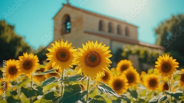 Fototapeta Bright sunflowers bloom in a field with a sunlit church building softly blurred in the background under a clear blue sky.