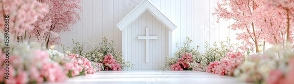 Fototapeta A serene white chapel entrance adorned with blooming pink cherry blossoms and lush floral arrangements under soft natural light.