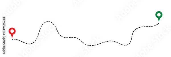 Fototapeta Route location icon, two pin sign and dotted line road, start and end journey symbol, black color vector illustration isolated on white background in eps 10.