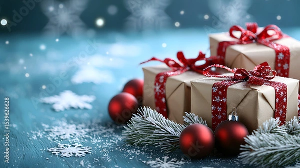 Obraz  Elegant Christmas scene featuring beautifully wrapped gifts, ornaments, and white pine branches on a blue background