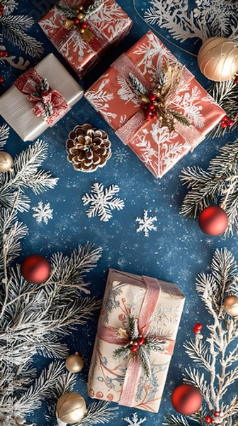 Obraz Elegant Christmas scene featuring beautifully wrapped gifts, ornaments, and white pine branches on a blue background