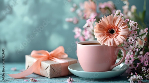 Obraz Elegant gift with a soft ribbon, a cup of coffee, and delicate flowers arranged on clean green and pink surfaces