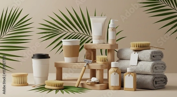 Fototapeta Elegant Bathroom Products Composition with Natural Elements and Neutral Tones