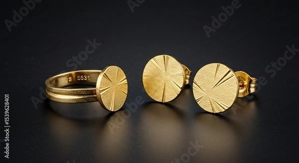 Fototapeta Elegant gold jewelry set: ring and earrings with radial pattern on black background