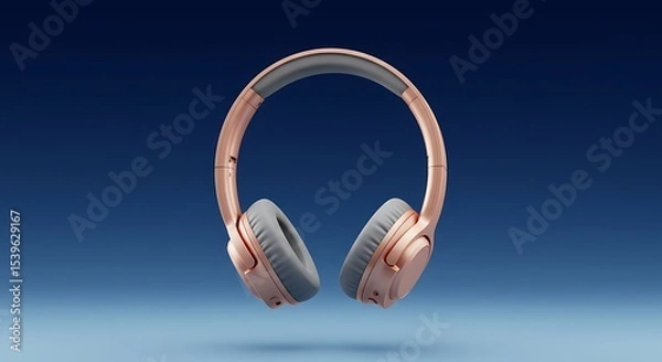 Fototapeta Elegant rose gold headphones with soft gray cushions on a calming blue background