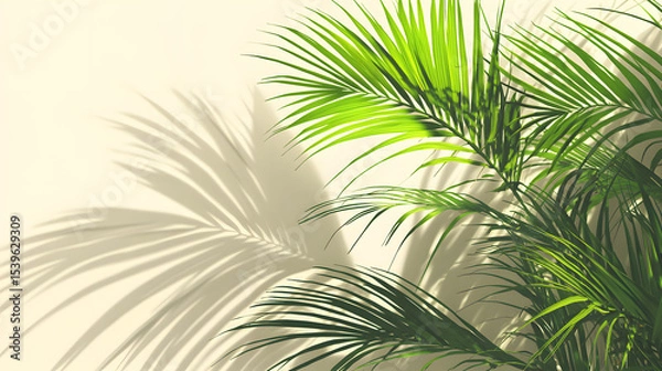Obraz  Elegant vertical green palm leaves creating dynamic shadows on a beige background, evoking calm