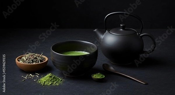 Fototapeta Elegant still life of matcha tea preparation with teapot and ingredients
